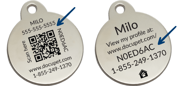 Two DocuPet tags with the tag code highlighted